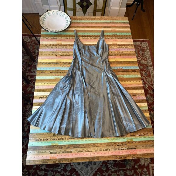 Carmen Marc Valvo Collection 8 Metallic Slate Blue Jacquard Silk Dress Lined - Picture 14 of 16